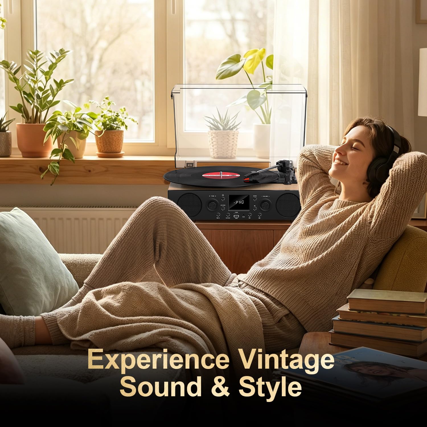 Odtwarzacz płyt z wbudowanymi głośnikami, gramofon Bluetooth w stylu vintage, 3 prędkości, z nagrywaniem USB, odbiorem Bluetooth, wyjściem liniowym RCA i wejściem AXU, radiem FM, odtwarzaczem płyt