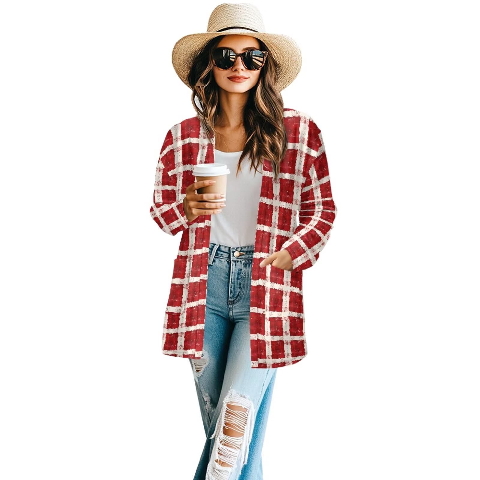 Women's Aztec Open-Front Jacket Lightweight Casual Outerwear Native Western Aztec Pattern &amp; Plaid Houndstooth Print