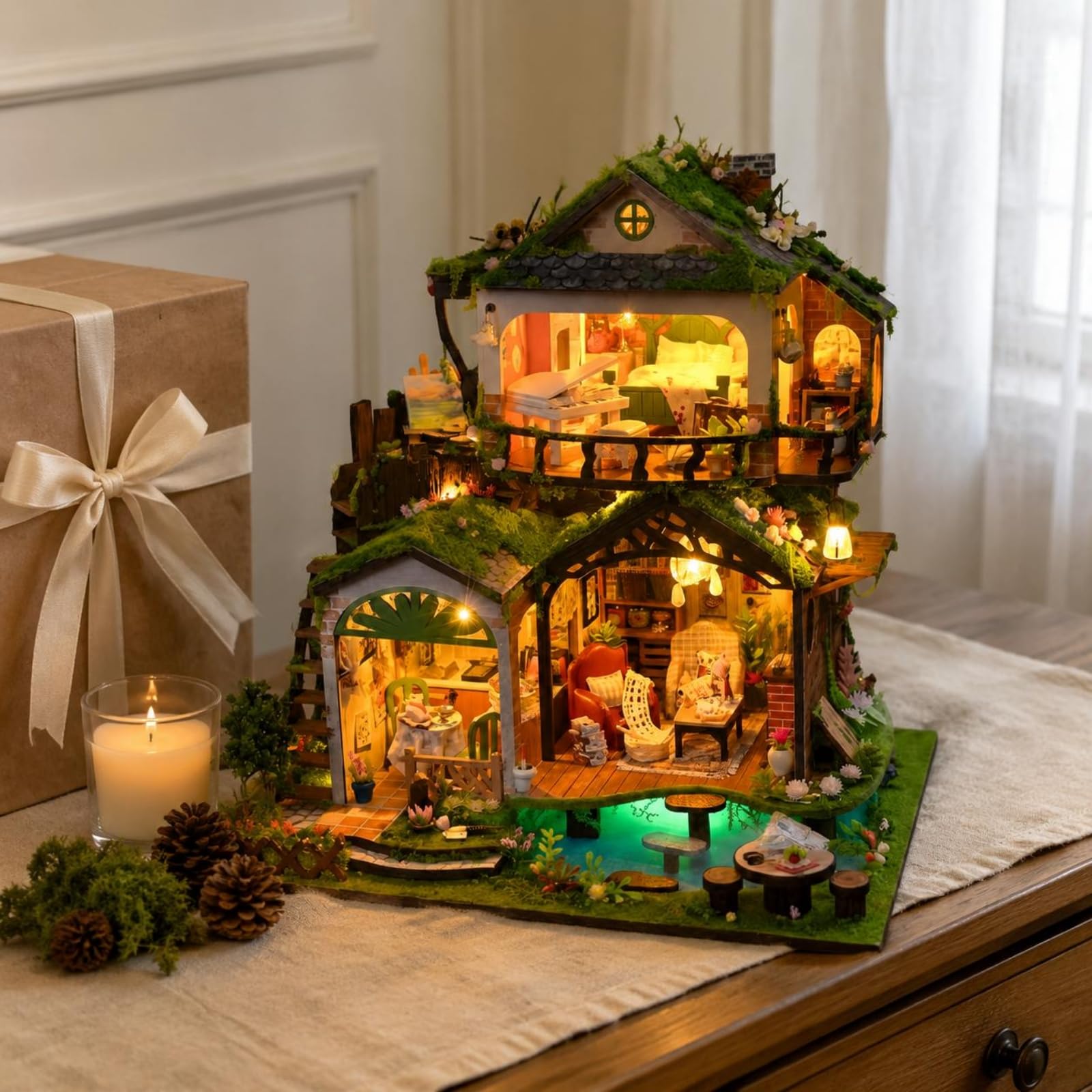 Kinder Lernpuzzle Miniaturhaus Bausatz Modellhaus Bastelset Holzpuzzle Spielzeug mit Beleuchtung Und Szenerie für Kinderzimmer Spielbereich Schreibtisch