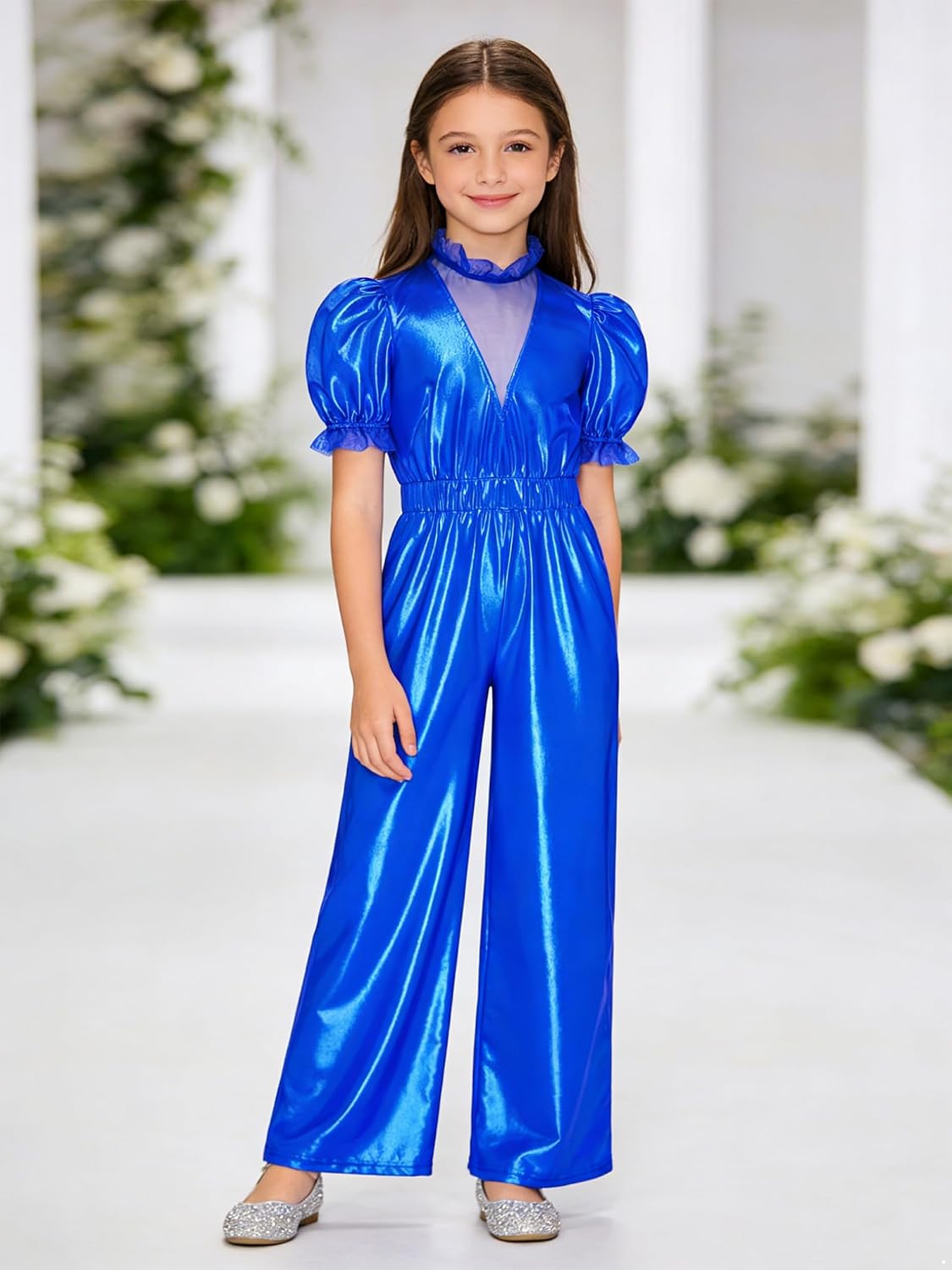 Girls Metallic Wide Leg Jumpsuit Long Pants Mock Neck One Piece Wedding Birthday Party Romper