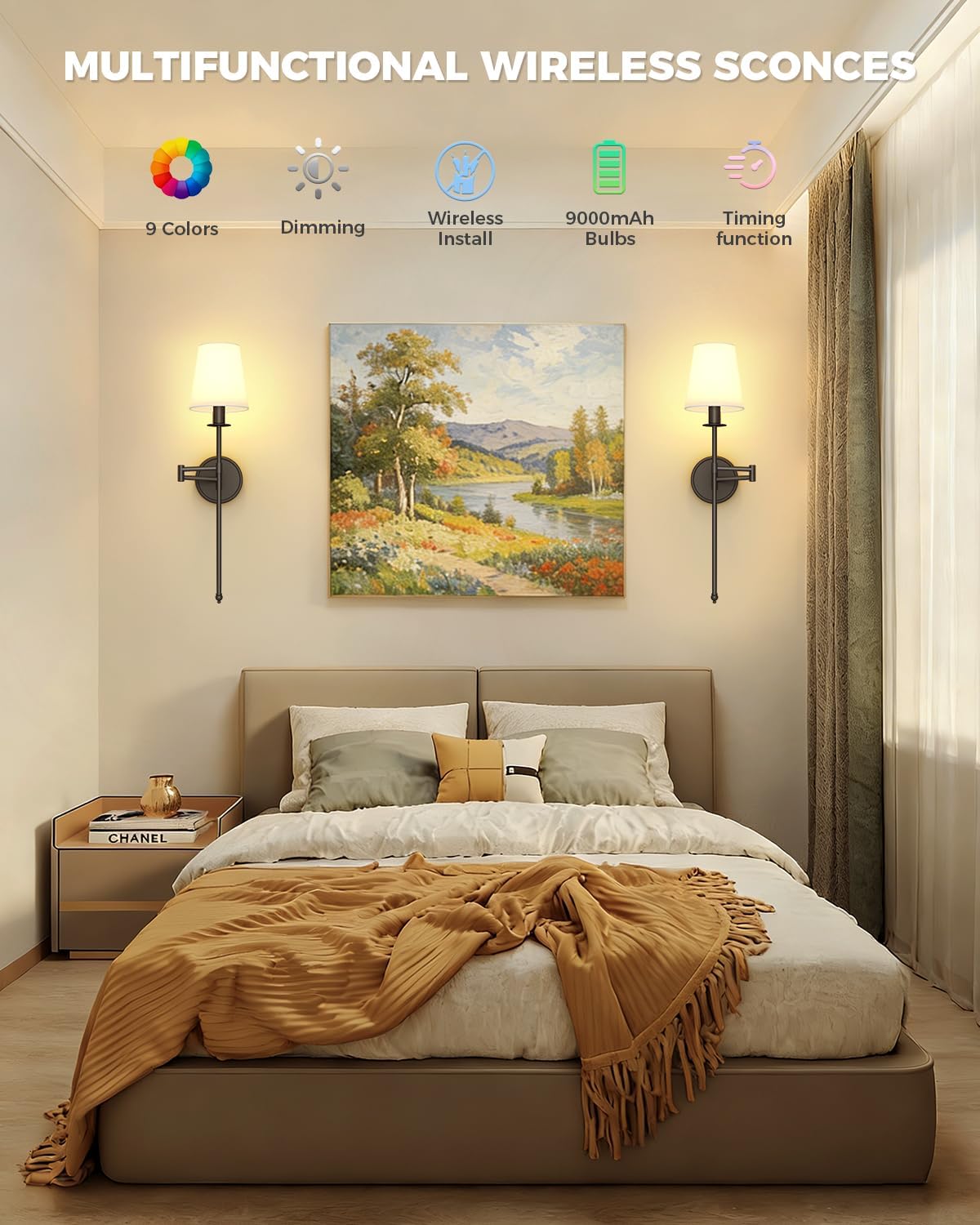 Joosenhouse Black Wireless Wall Sconces Set of 2, Battery Operated Wall Lights with Remote Control, 9 RGB Color Options, 24.8 inch Dimmable Wall Lights for Hallway, Bedroom, Living Room