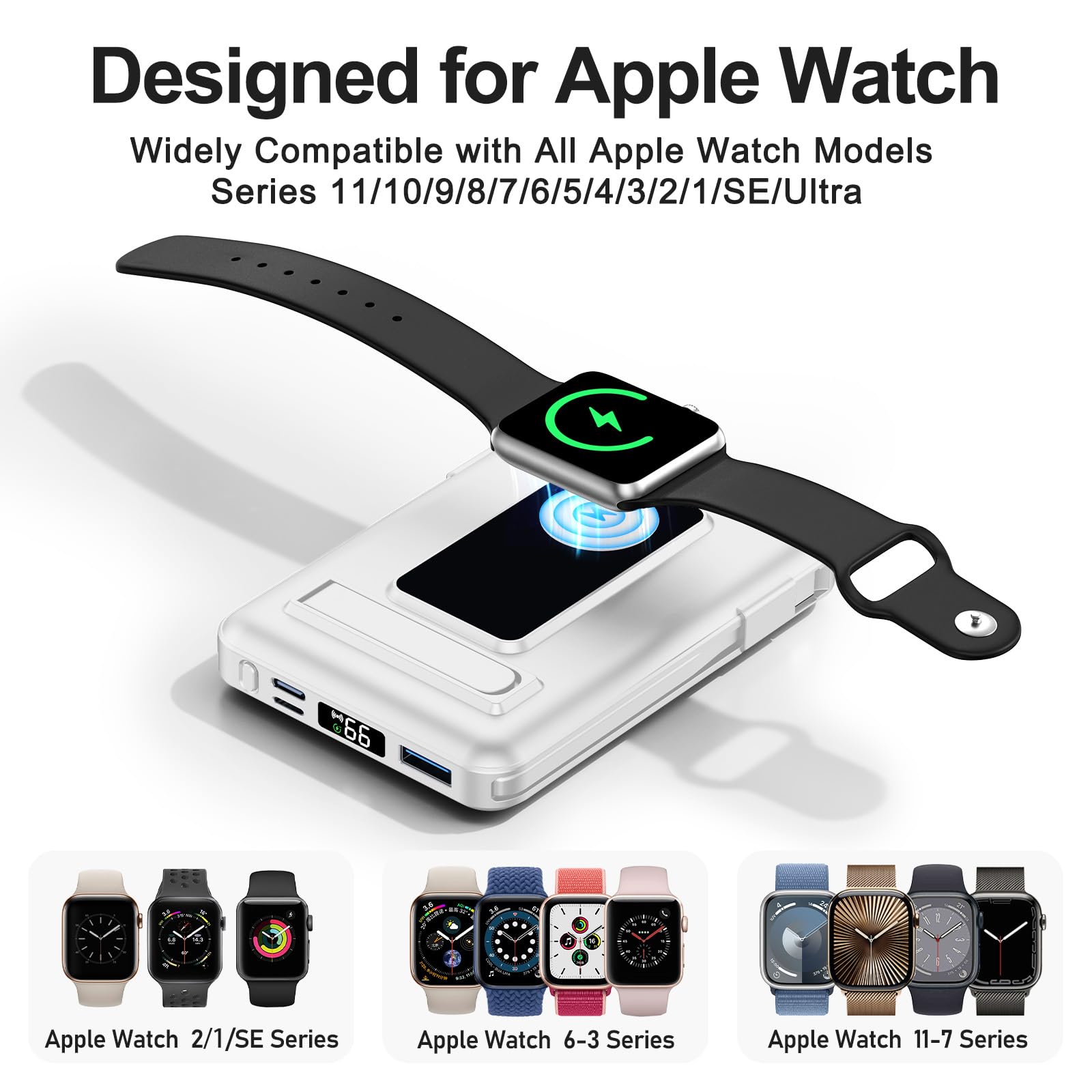 for Batterie Externe Iphone, 10000mAh Power Bank Magnétique Compatible avec MagSafe, Charge Rapide PD 20W avec 2 Câble et Support et Affichage LED, for iPhone 17-12 et Apple Watch Series(Blanc
