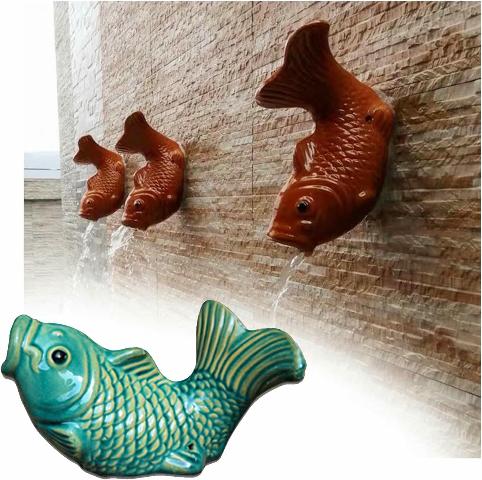 Ceramic Pond spitters, Koi Fish Outdoor Wall Water Fountain Garden Decor for Pond Automatic Circulation Water Landscaping Ornaments