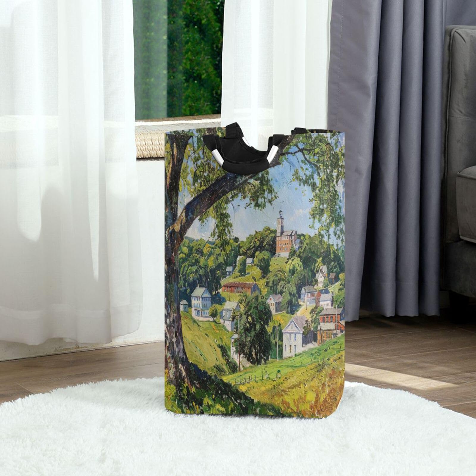 Jihqo Laundry Hamper Basket Countryside Field Collapsible Nursery Storage Bin Waterproof Clothing Baskets for Home Bedroom Bathroom Washing Room