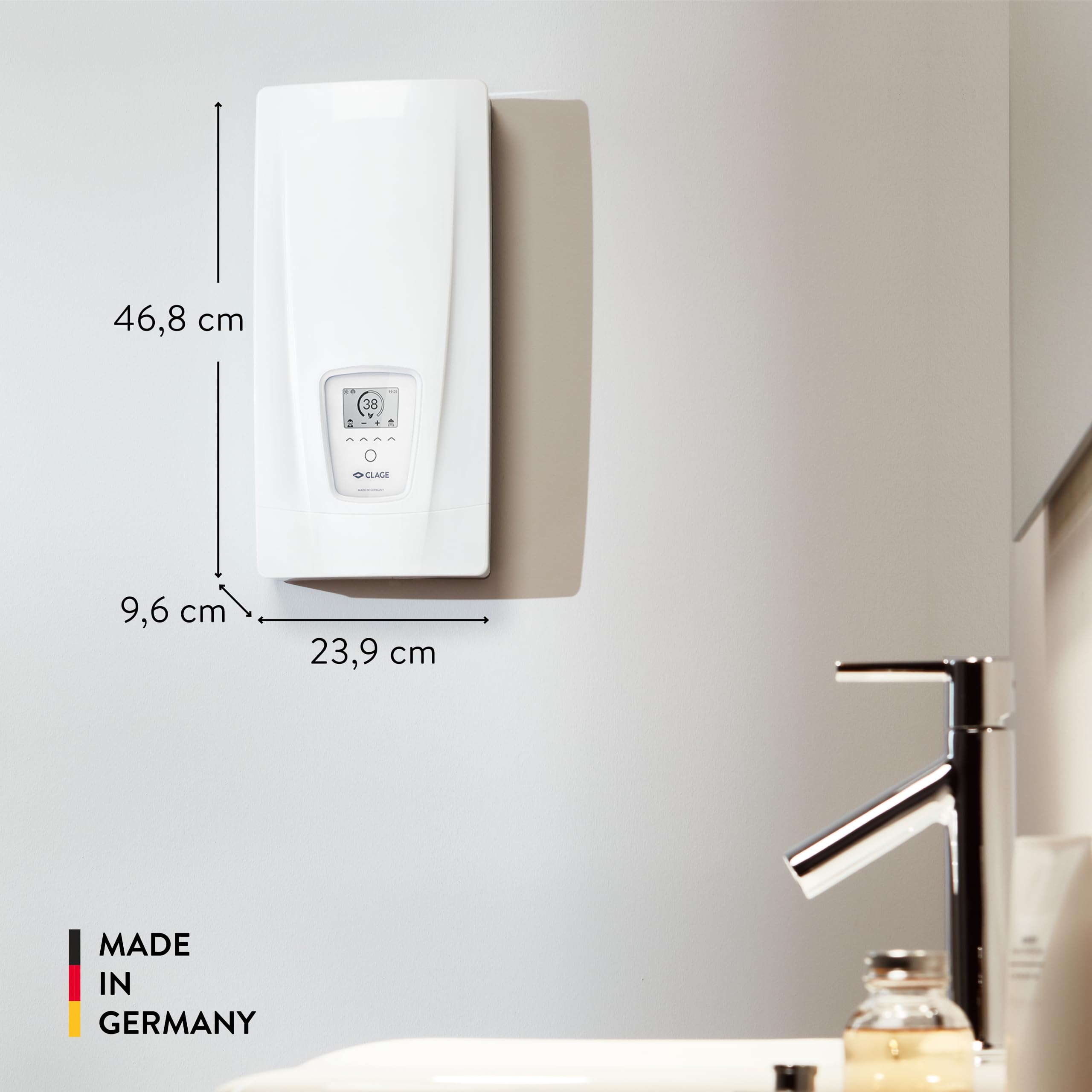 CLAGE DEX Next S vollelektronischer Durchlauferhitzer 18–27 kW, ECO-Modus | Vollelektronisch geregelt, gradgenau 20–60°C, E-Paper-Display, BT-Fernbedienung, TWIN TEMPERATURE Control, VDE-GS, 3200-36450