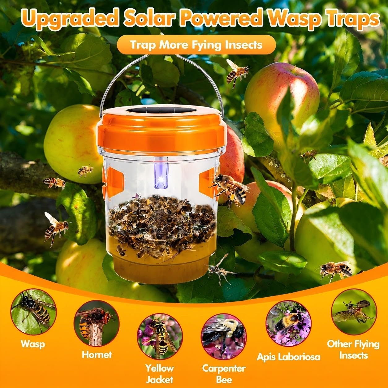 Lot de 4 pièges à guêpes d'extérieur à suspendre, à énergie solaire, pièges à frelons jaunes, réutilisables, attrape-guêpes d'abeilles pour jardin, terrasse, cour, verger