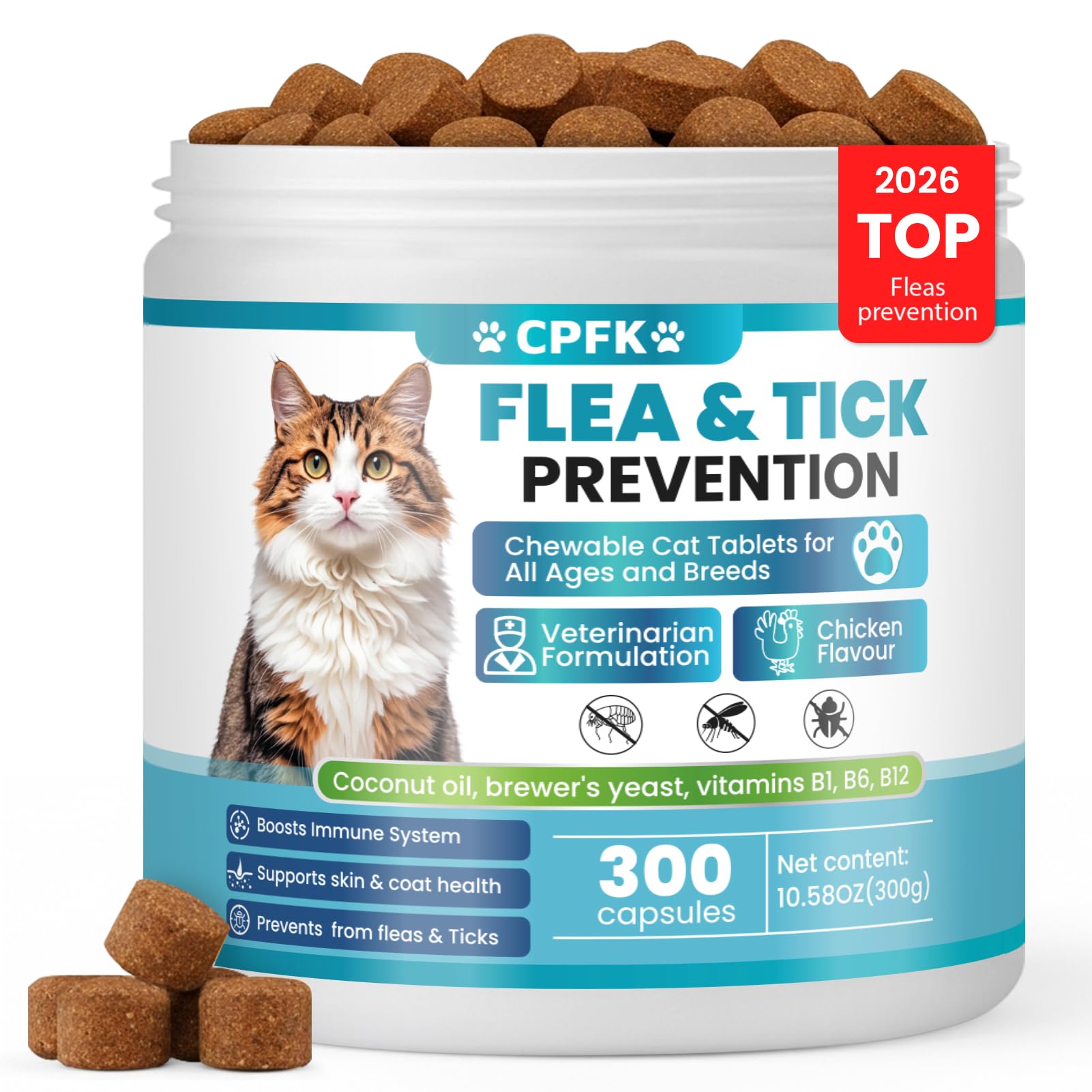 Chewable Flea Treatment for Cats Flea and Tick Prevention for Cats Chewables Fleas Chewables for Cat of All Breeds and Ages 300 Chewable Tablets