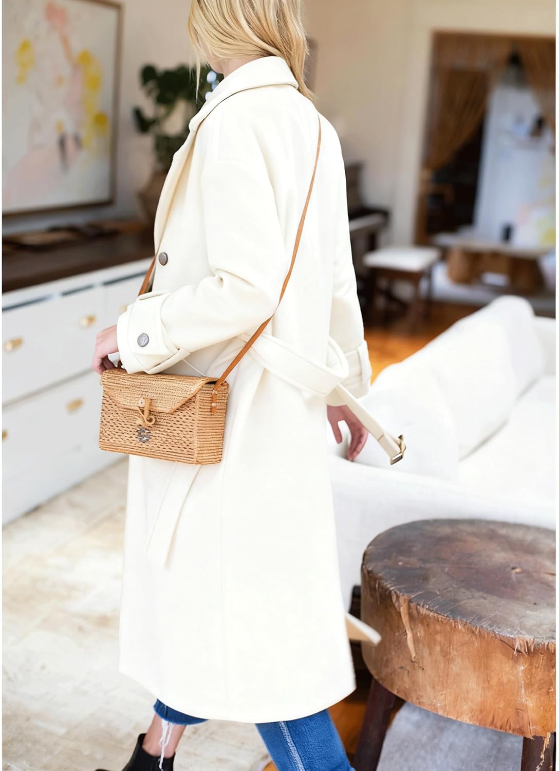 Hooever Women's Long Wool Coat Fall Winter Notched Lapel Double Breasted Trench Coat Peacoat with Belt - Image 4