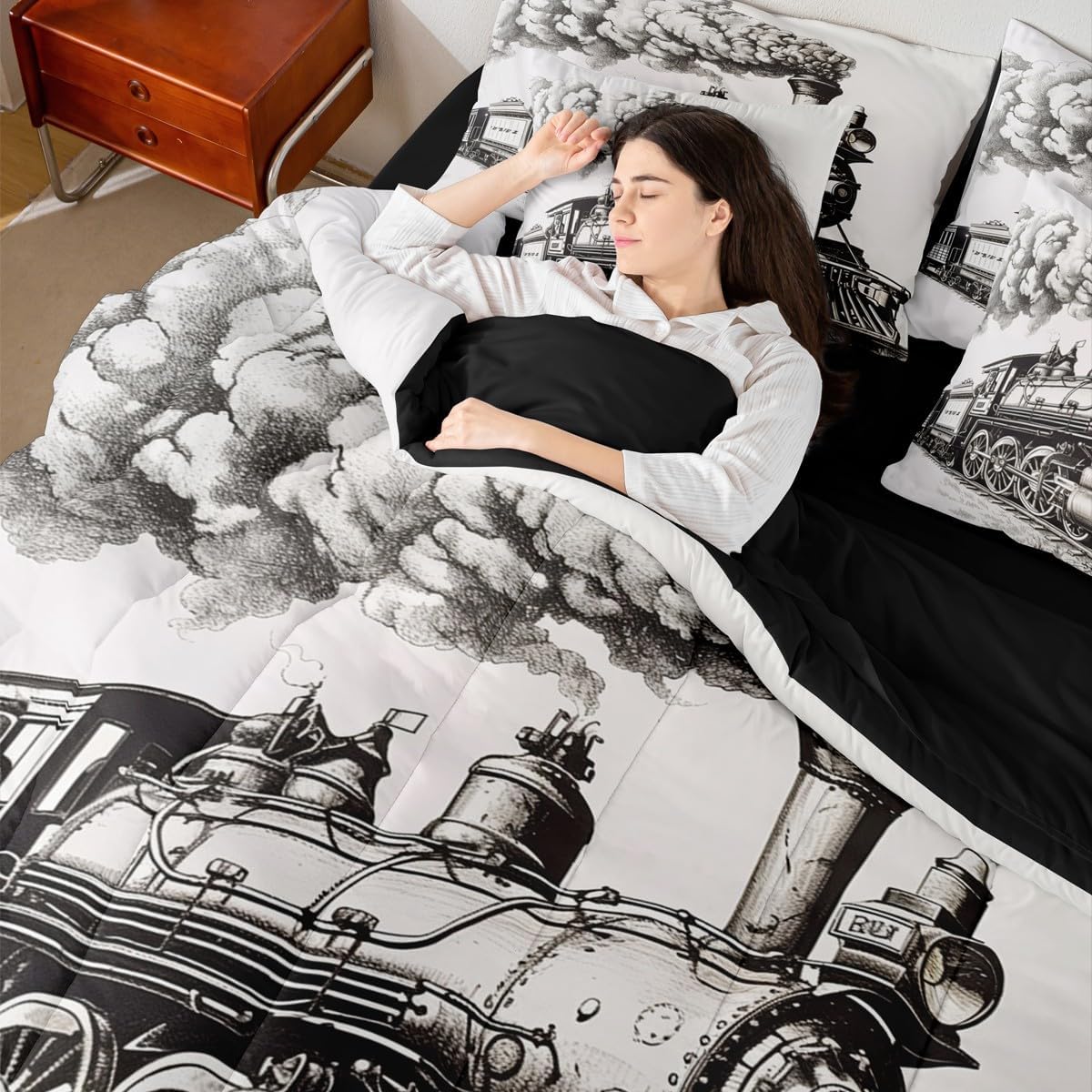 Erosebridal 7Pcs Train Bed in A Bag Twin Size Steam Engine Train Bedding Sets for Kids Boys Girls Teens Retro Vintage Trains Sheets Set with Comforter