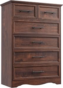 Chests of Drawers That Make Bedroom Storage Actually Look Good (All on Amazon) YANSNWO Walnut 6-Drawer Dresser with Brushed Metal Handles