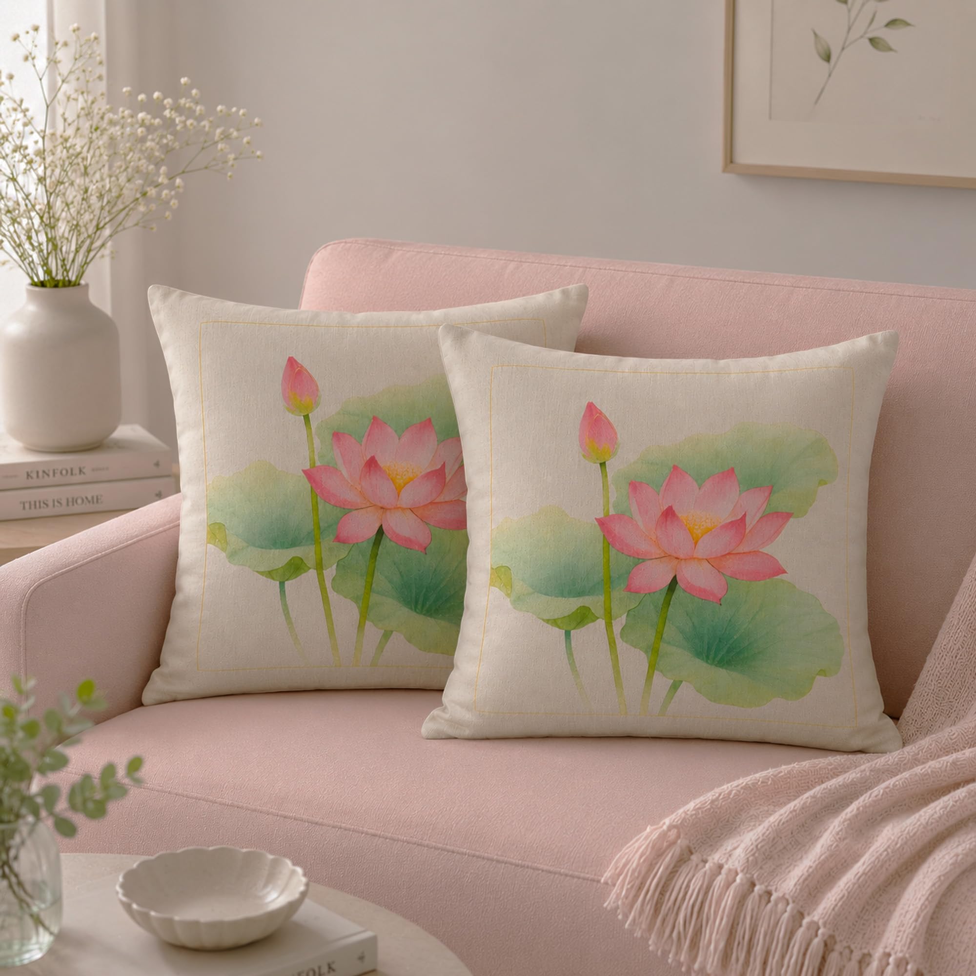 Serene Lotus Bloom: Elegant Floral Cushion Cover - Set of 2, Cotton, 40 x 40 cm/16 x 16 inches, Side Zipper-image-19