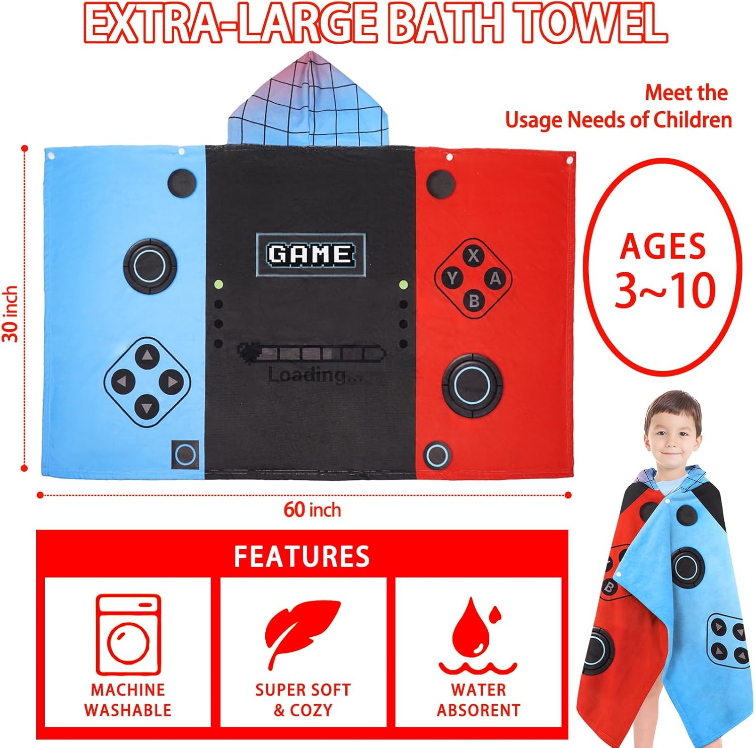 Hooded Towels for Kids- Ultra Soft 100% Cotton Video Game Gamepad Toddler Hood Bath Towels/Pool Terry Towel Beach Poncho Wrap Absorbent Cute Bath & Swim Wrap for Boys & Girls 3-10 Years - Image 4