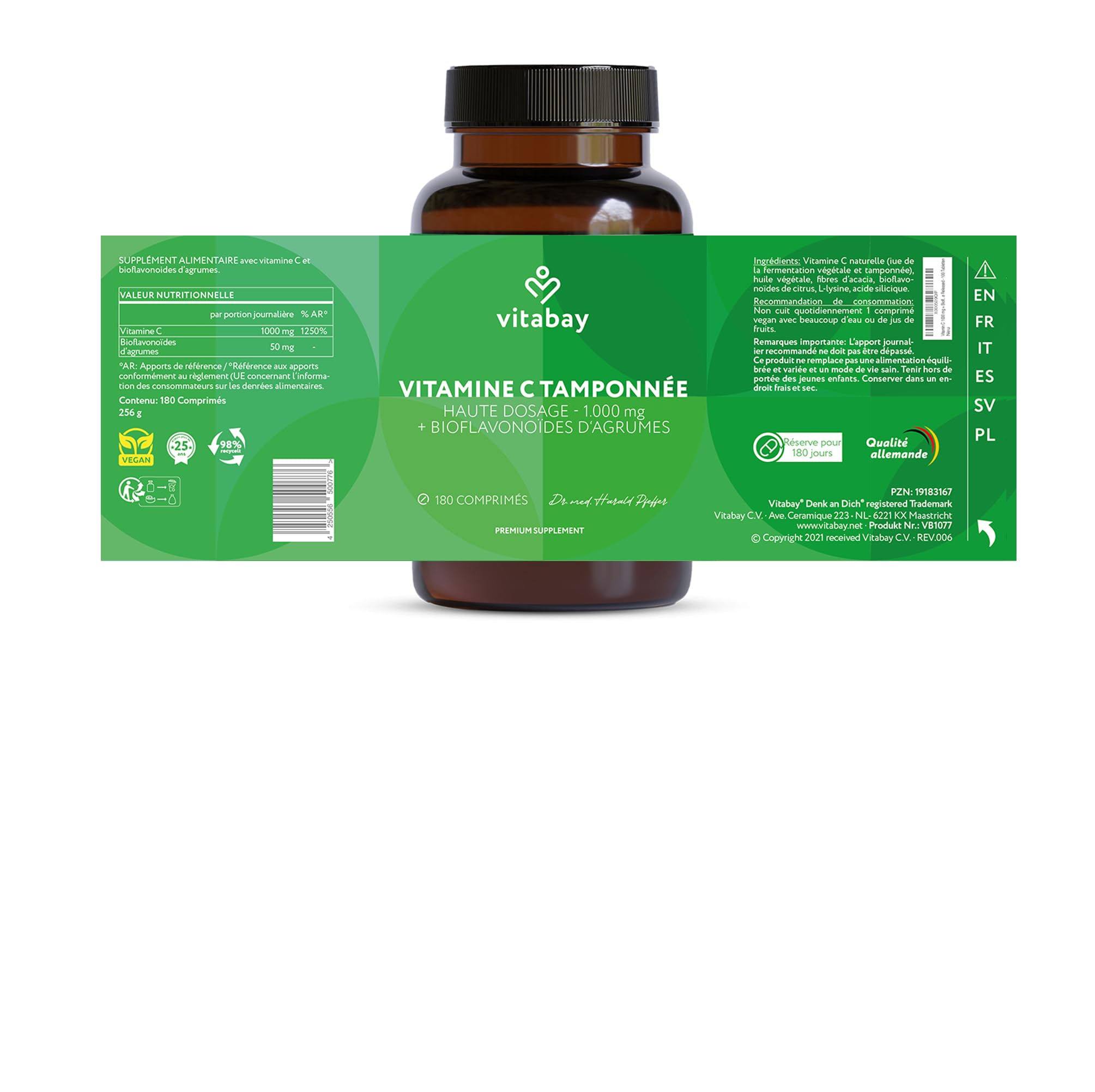 Vitabay Vitamine C 1000 mg - 180 Comprimés de Vitamine C Naturelle à Libération Prolongée - Végane sans Additifs et à Haute Dose - Vitamine C avec Bioflavonoïdes d'Agrumes - Vérifié en Laboratoire