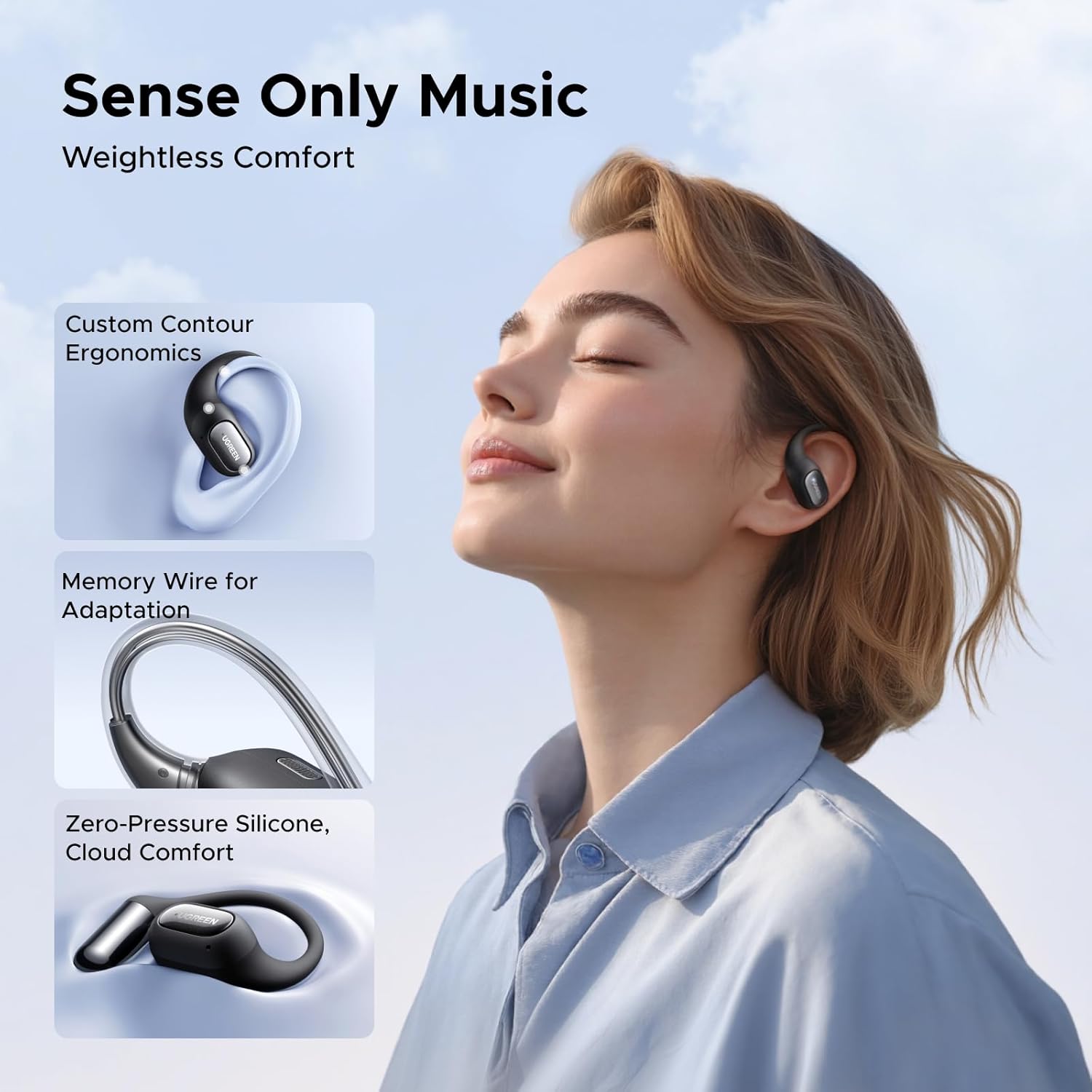 UGREEN FitBuds Wireless Headphone Open Ear Earbuds Bluetooth Earphone, 4 Mic Clear Call, Noise Canceling, Spatial Audio, Dual Connection, 28H Playtime, IPX5 Waterproof, Hook-on for Running Sports