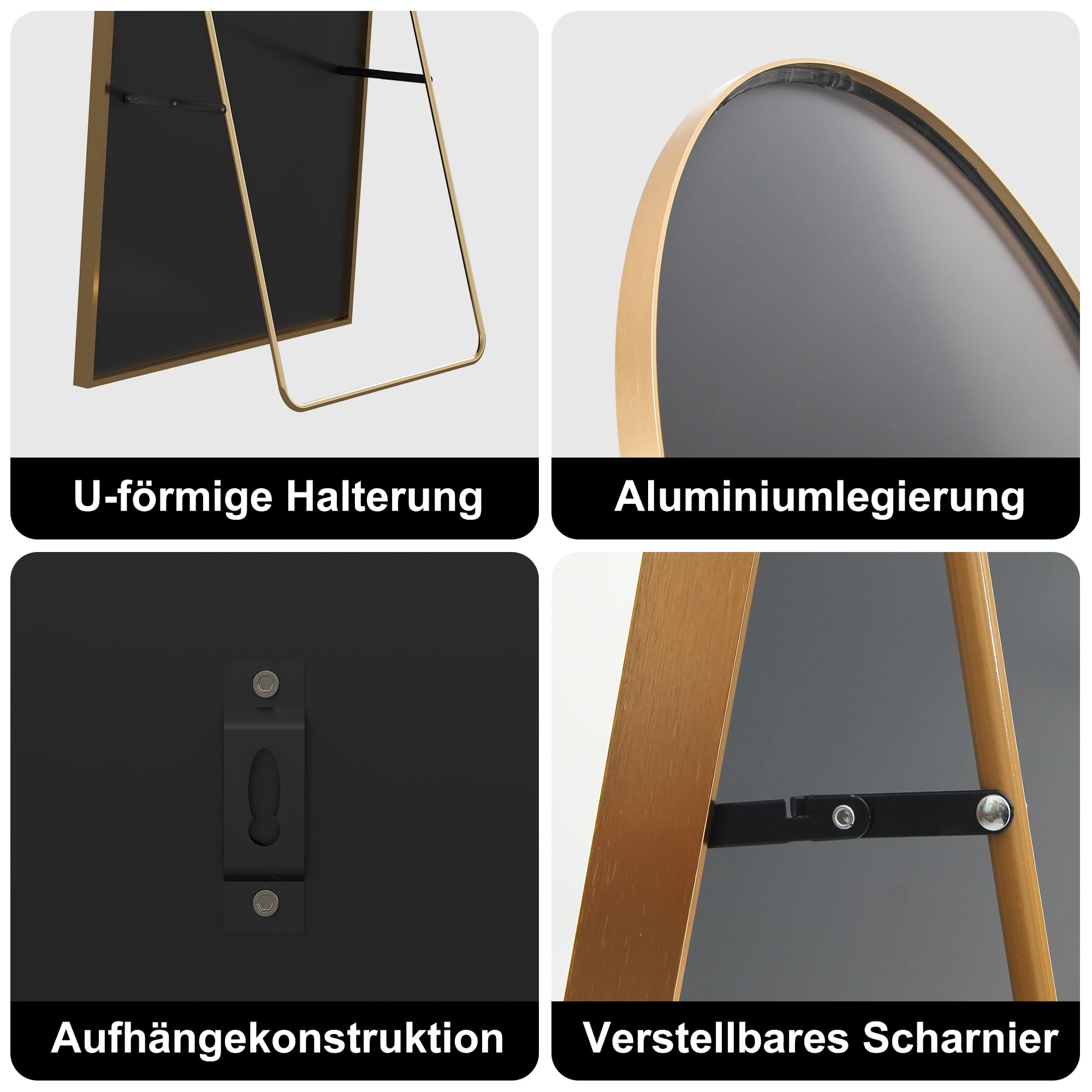 Ganzkörperspiegel, 177x 77cm Gewölbter Standspiegel Groß in Voller Länge, Wandspiegel mit Aluminiumlegierung Rahmen und Bruchsichere Glas, Bodenspiegel für Wohnzimmer, Ankleide, Gold