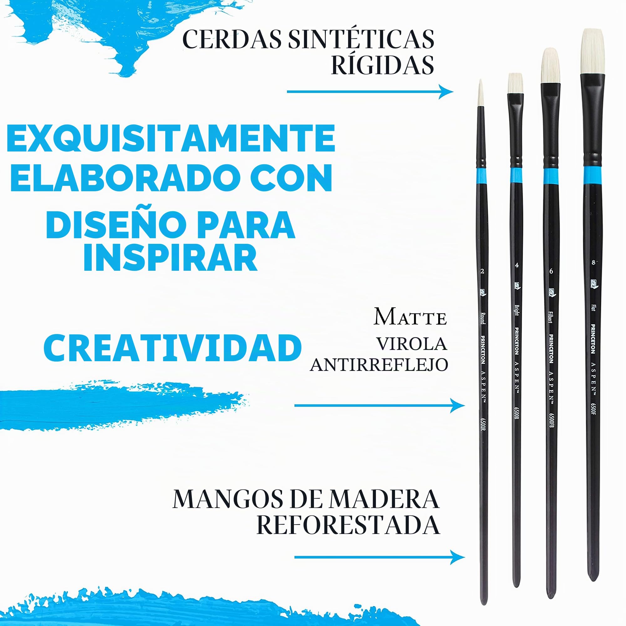 Princeton Aspen, Pinceles para acrílico de bellas artes, Cerda sintética, Set de 4 pinceles, mango largo, Funda de plástico