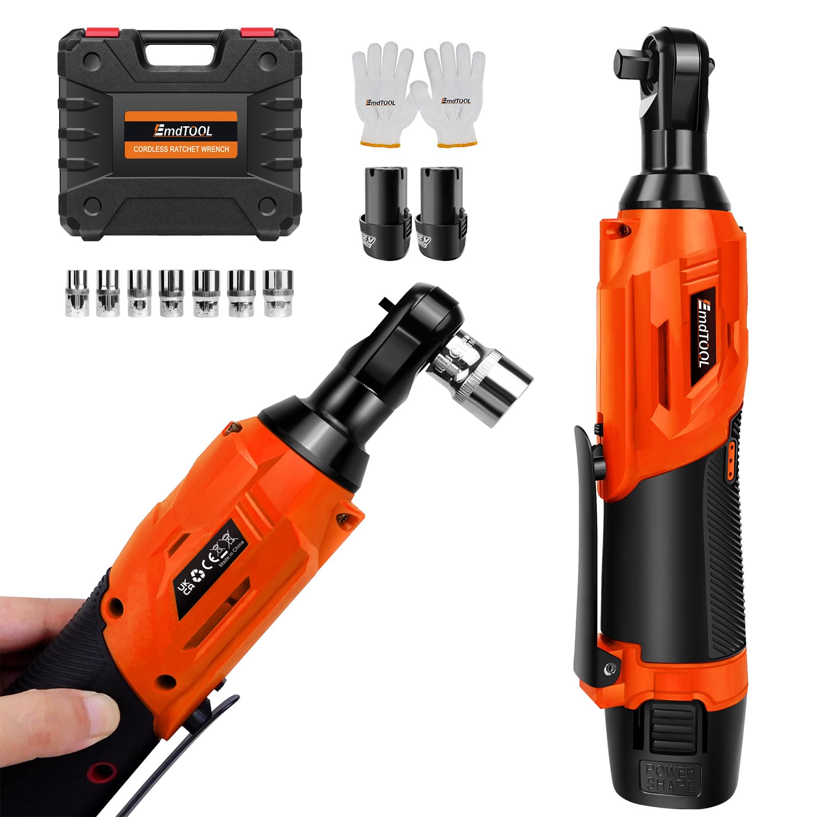 EFAN 3/8" Cordless Ratchet Wrench Kit, 12V Electric Ratchet Wrench Set with 2-Packs Batteries, 7 Sockets, 90 Degree Power Wrench Tool for Precise Tightening and Loosening, Orange