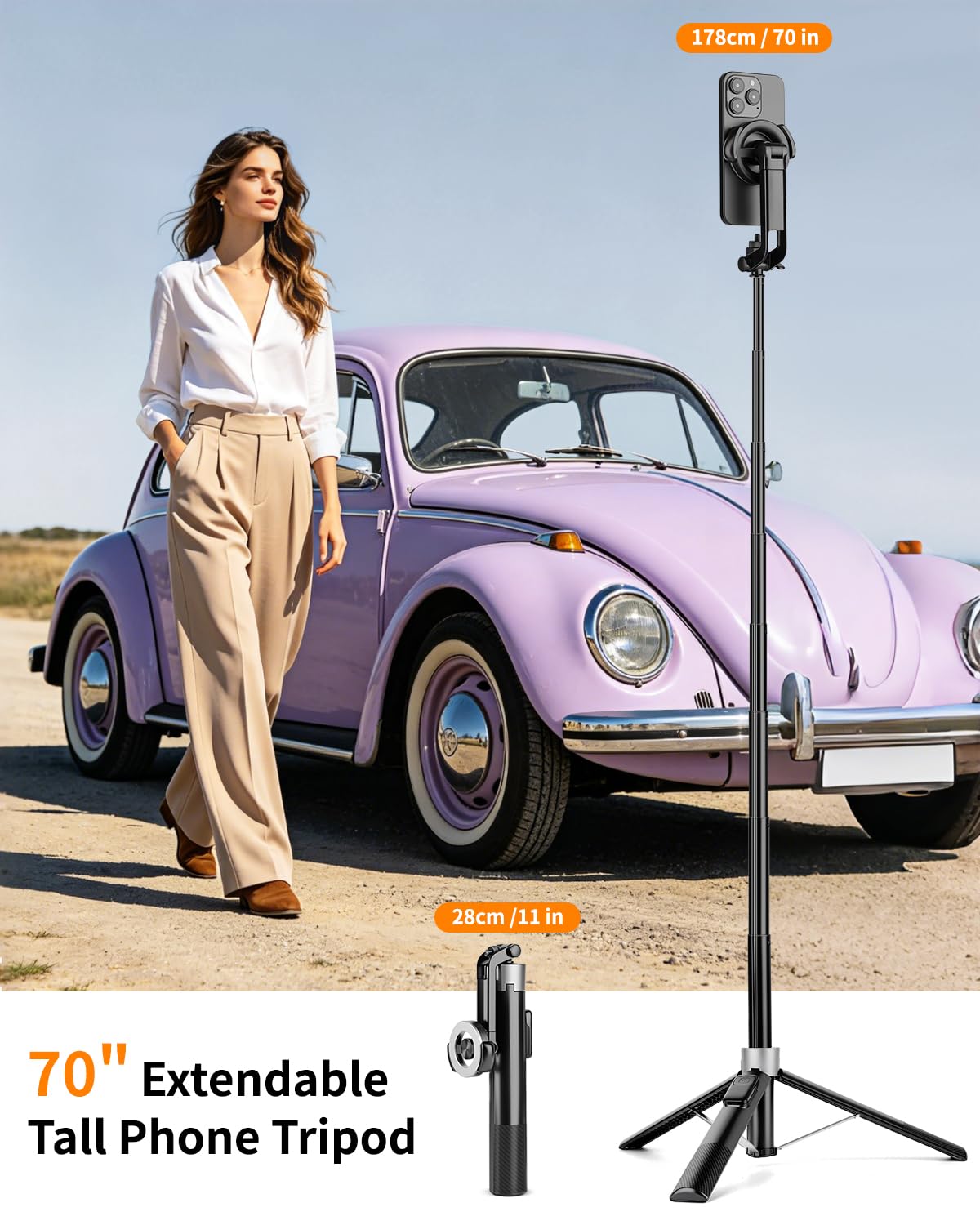 Victiv 178cm Magnético Tripode para Movil, mag-Safe Trípode Movil Alto con Mando, All-in-One Palo Selfie de Viaje Portátil, Compatible con iPhone 17/16/15/14/13/12/Pro MAX, Insta 360, dji Pocket