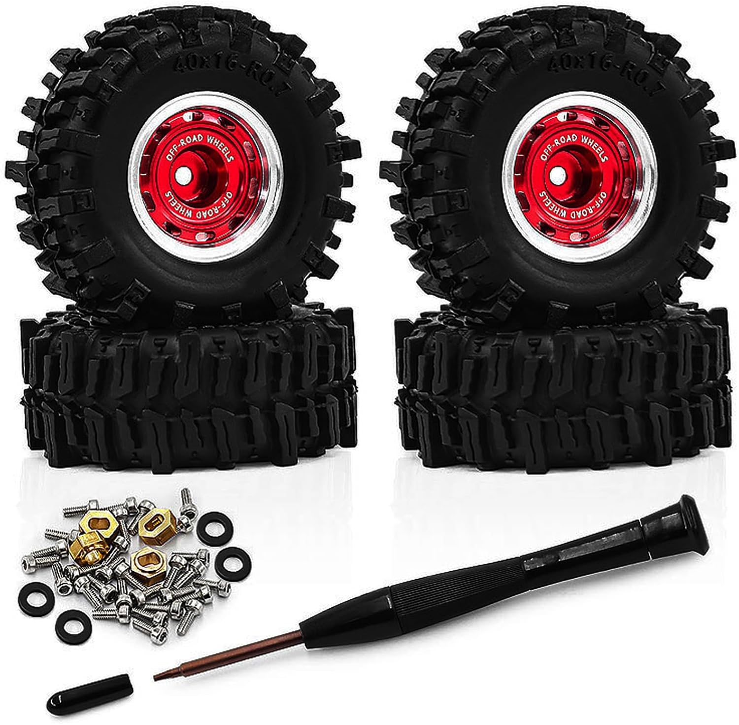 4PCS 0.7" Beadlock Tires Metal Wheels 1.57"x0.63" Sticky Foam-Filled Tires for scx30 upgrades 1/30 RC Crawler for redcat ascent 32 upgrades (New Red)