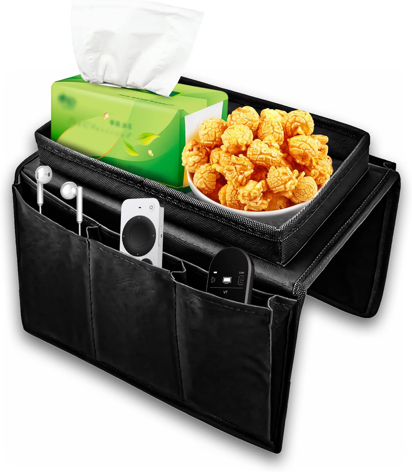 Ubitree Sofa Armrest Organizer with Cup Holder Tray, Couch TV Remote Control Holder with Detachable Tray, Chair Arm Caddy with Storage Pockets for Cellphone Tablet Magazine Game Controller Eyeglasses