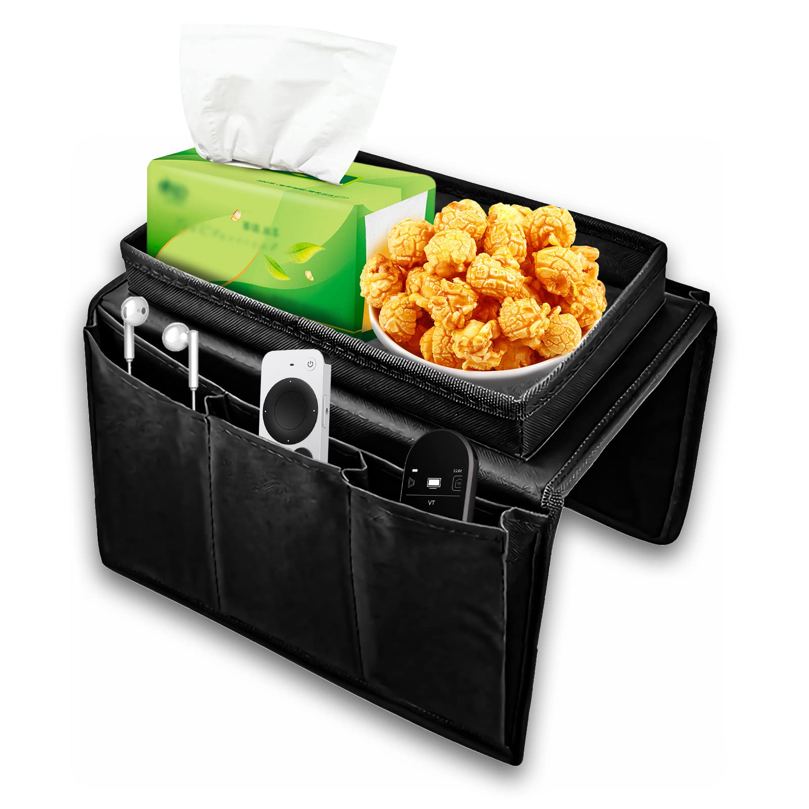 Ubitree Sofa Armrest Organizer with Cup Holder Tray, Couch TV Remote Control Holder with Detachable Tray, Chair Arm Caddy with Storage Pockets for Cellphone Tablet Magazine Game Controller Eyeglasses