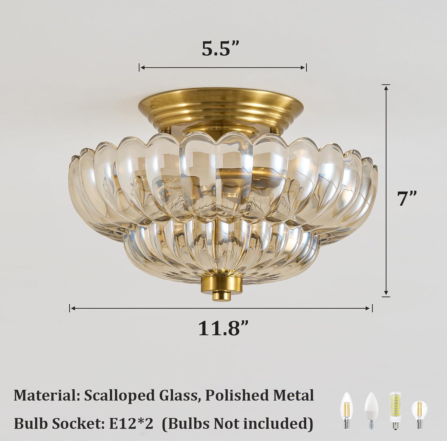 Vintage Glass Ceiling Light Fixture: Modern Gold Amber Semi Flush Mount Close to Ceiling Lights Fixtures - Antique Retro Scalloped Floral Overhead Lighting for Entryway Kitchen Bedroom Living Room