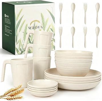 Wrova Plates and Bowls Sets for 4,Unbreakable Dinnerware Set 24 Piece,Beige