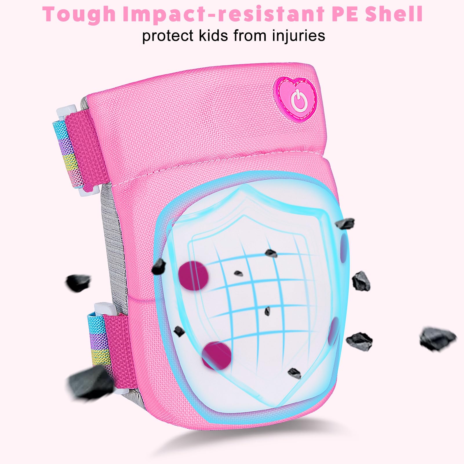 Knee Pads for Kids with LED Lights, Kids Knee Pads and Elbow Pads Wrist Guards Set with Drawstring Bag for Girls 3-8 Years Adjustable Protective Gear Set for Scootering Cycling Skateboarding