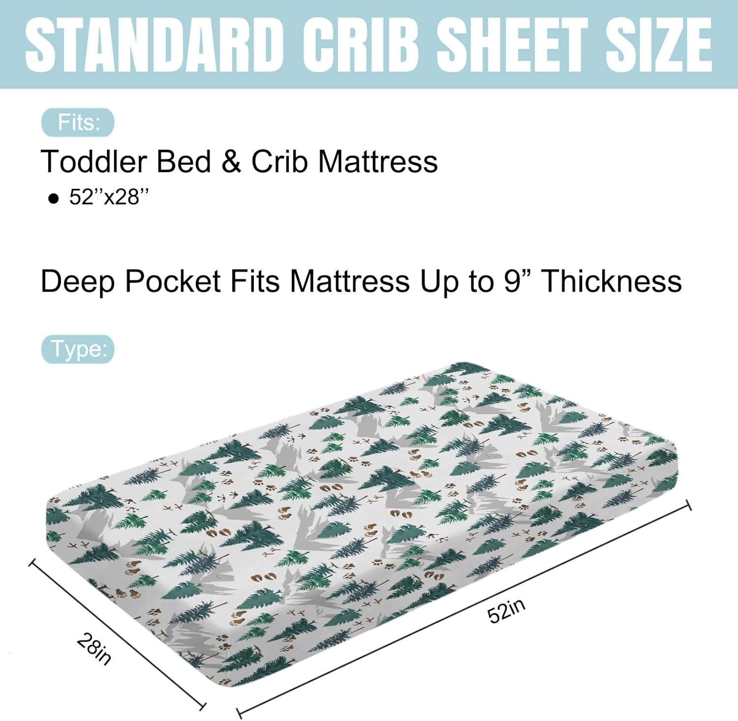 Green Pine Trees Animals Tracks Baby Crib Sheet 52''x28'' Pine Trees Paws Mountain Snug Fitted Crib Mattress Cover for Boy Girl Wildlife Soft Baby Bed Sheets for Standard Crib & Toddler Mattress