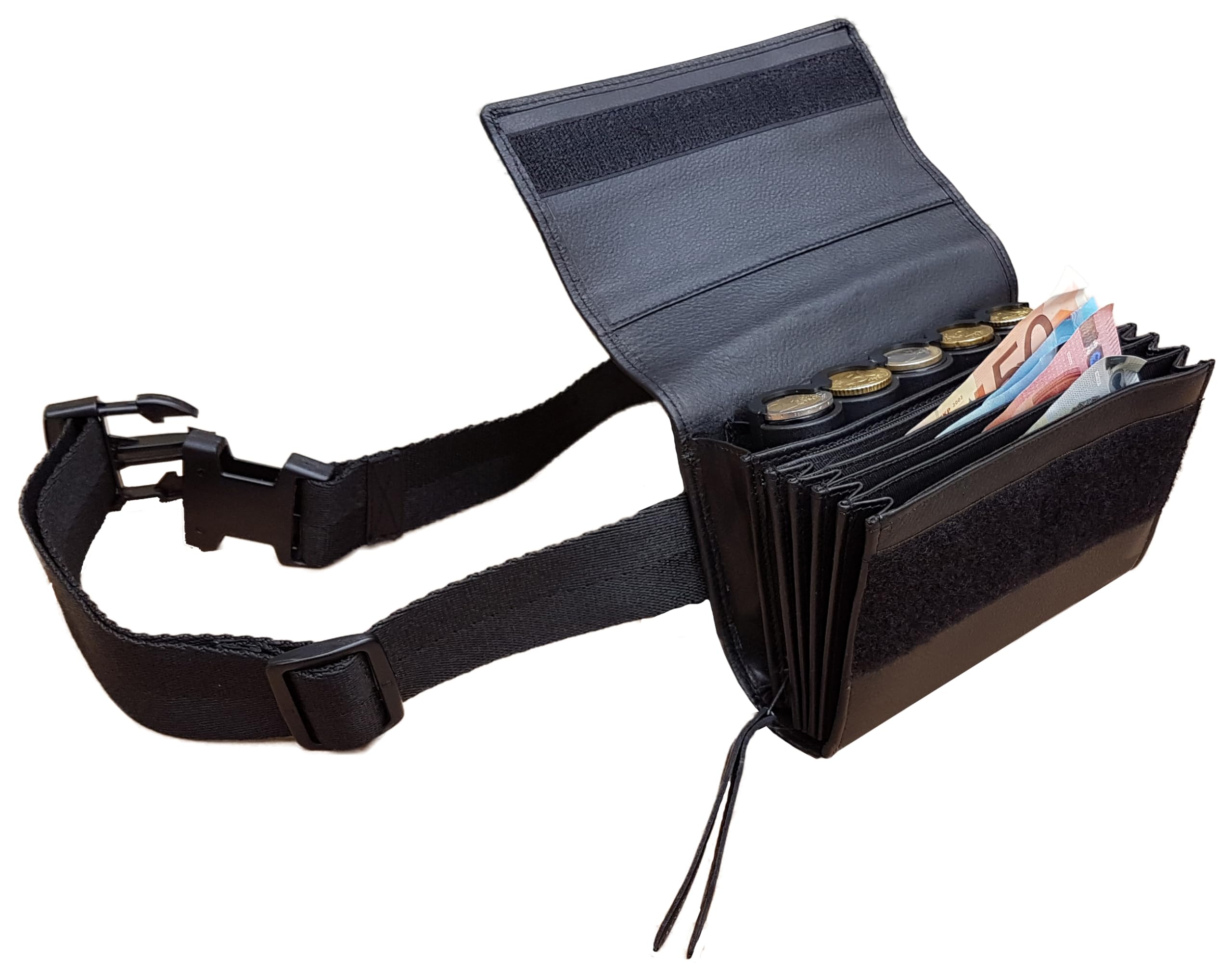 Riñonera de Camarero en Piel auténtico, Monedero de Camarero, Cartera, Bolsa, Billetero Incluido Dispensador/Distribuidor/Clasificador de 5 Monedas de Euro (FERMETURE Scratch)