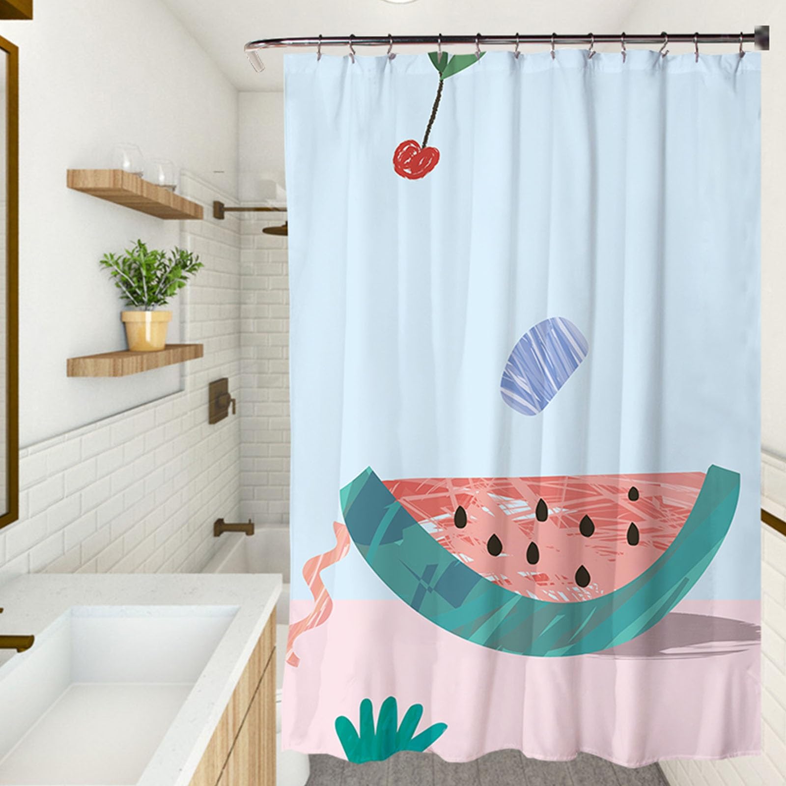 XUEDNGM Bath Curtains Waterproof 110 x 155 cm(43 x 61inch) Weighted Hem, Quick-Drying, Customizable, Bpa Free, with Hooks Frosted Shower Curtain Liner Shower Curtain, watermelon