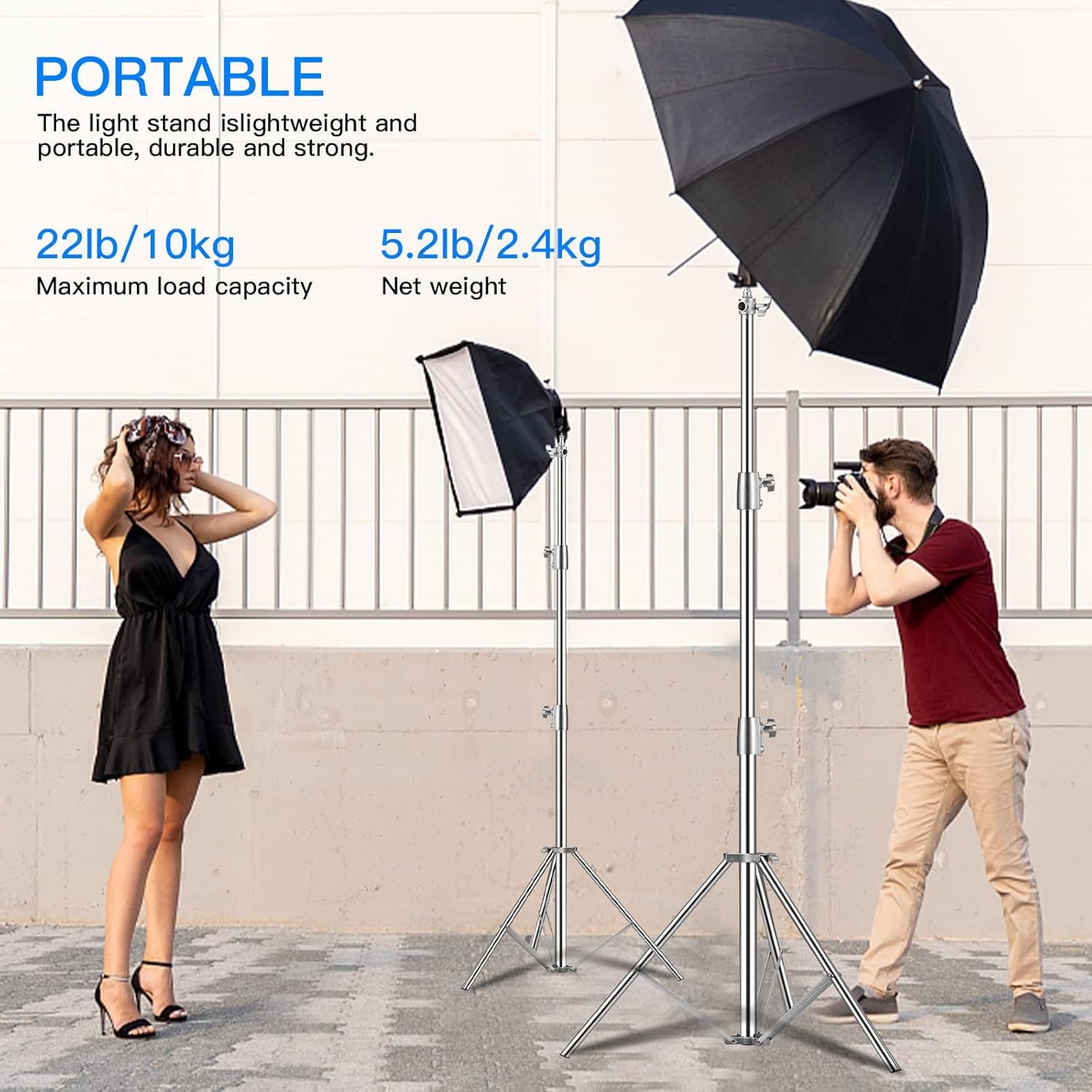 Stainless Steel Heavy Duty Light Stand, 9.2ft/2.8m Spring Cushioned Photography Tripod Stand with 1/4" to 3/8" Screw Adapter and Carrying Bag for Strobe, LED Video Light, Monolight, Softbox