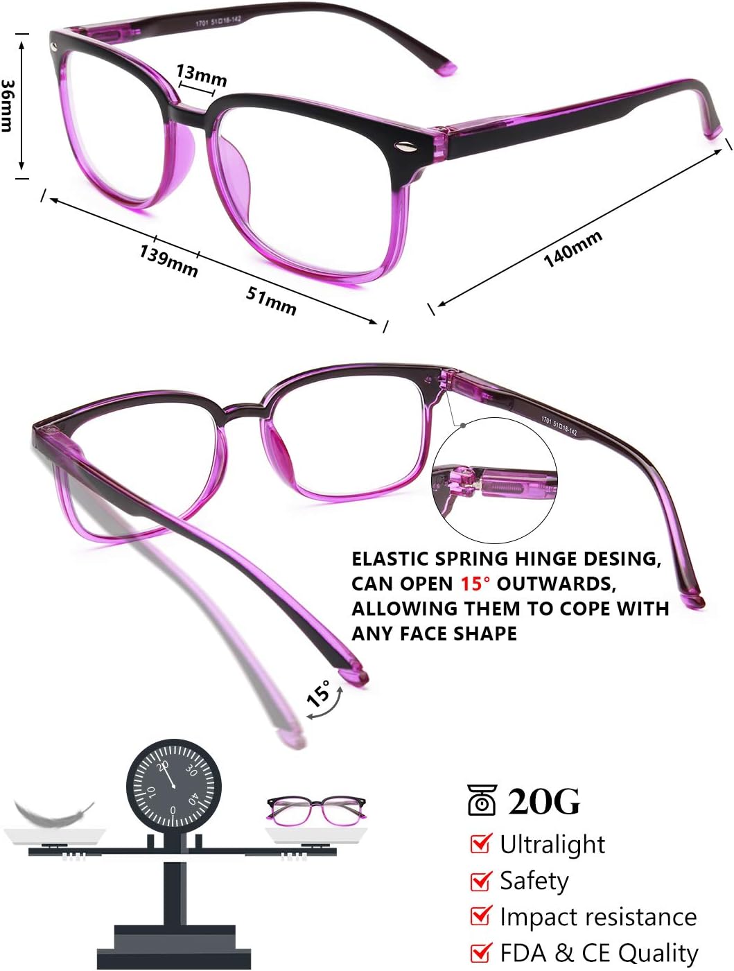 Gaoye Computer Blue Light Blocking Glasses for Women Men,Spring Hinge Lightweight Frame Anti UV Filter Lens (Black-Purple, 0.0)
