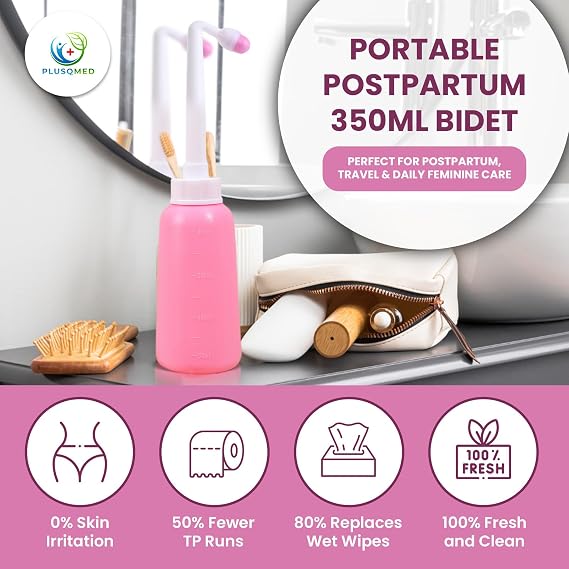 Peri Bottle for Postpartum Care – 350ml Portable Bidet Bottle with 1 Nozzle Stored Inside | Travel Perineal Wash for New Mum Recovery, Feminine Hygiene, and Daily Intimate Care – Pink