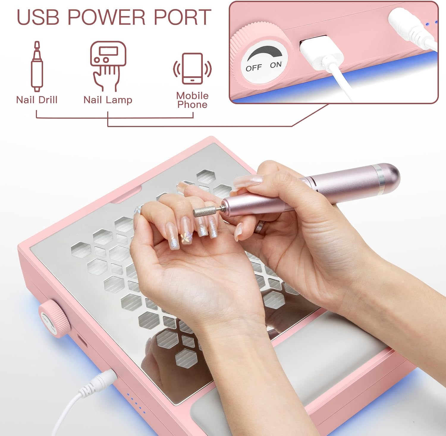 Madenia Powerful Nail Dust Collector - Brushless Quiet Vacuum Suction Fan Extractor with Hand Pillow 2 Filters 1 Brush, Nail Dust Cleaner Machine for Acrylic Gel Nail Polishing Nail Tech Use, Pink