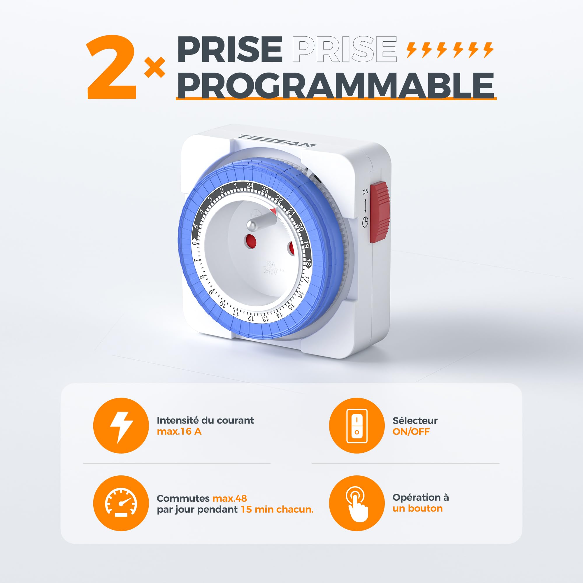 TESSAN Prise Minuteur Programmable 24 Heures 3680W 96 Segments Intervalle 15 Minutes