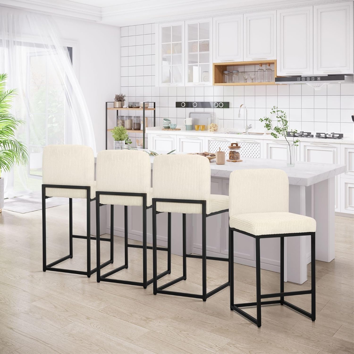 Sophia & William Ivory Bar Stools Set of 4, Modern Chenille 24" Counter Stools for Kitchen Island