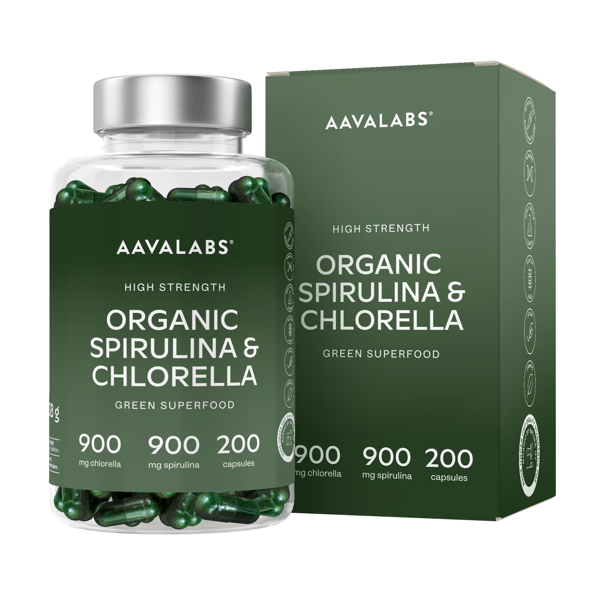 Organic Spirulina and Chlorella Capsules - Spirulina Powder and Chlorella Powder - Broken Cell Wall - 1800mg per Serving - 200 Capsules - Vegan