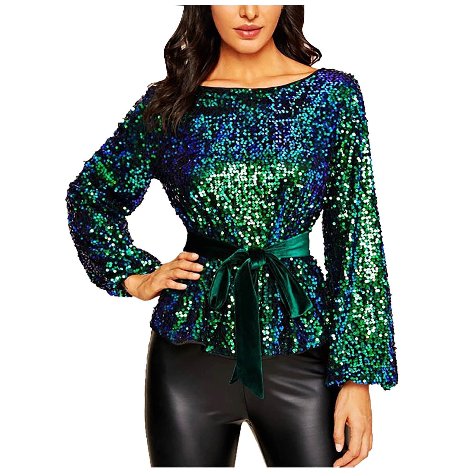 Générique Haut Femme Chic Et Elegant Brillante Sequins Tee Shirt Argenté Chemisier Carnaval Top Vetement Décontractée Rouge Paillette Manches 3 4 À Volants Tunique Paillettes