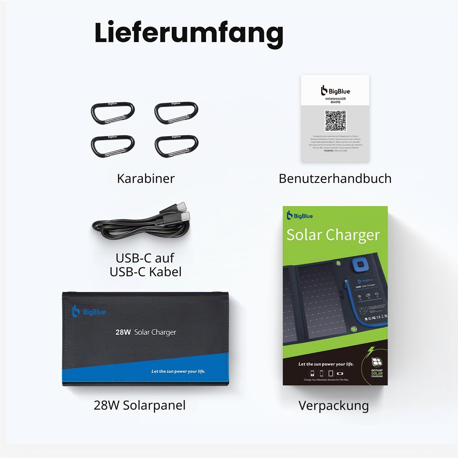 BigBlue 28W Tragbares Solar-Ladegerät mit 2 Ports (USB-C/USB-A), 5V/4A Gesamtausgang, IP44 Solarpanel mit Digital Amperemeter und Reißverschluss-Schutz für Geräte wie iPhone, Android, GoPro und mehr