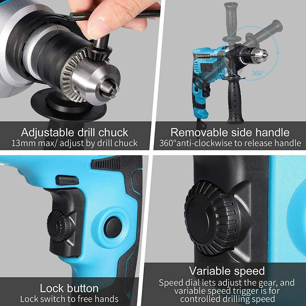 DayPlus Perceuse électrique à percussion avec fil pour atelier, marteau-burineur 2 en 1 avec tournevis, puissante perceuse à vitesse variable pour le perçage de l'acier, de la maçonnerie, du béton et