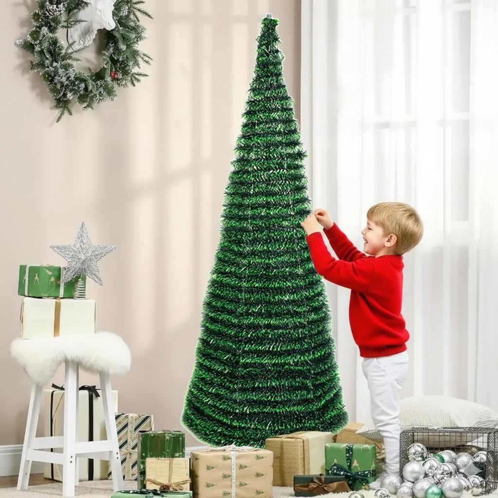 Árbol de Navidad Plegable Negro Nieve Verde Pino Blanco Nieve tamaño 150CM - 180CM Árbol de Navidad Plegable Flocado predecoradas para el Hogar, Dormitorio, Comedor (Verde, 180CM)