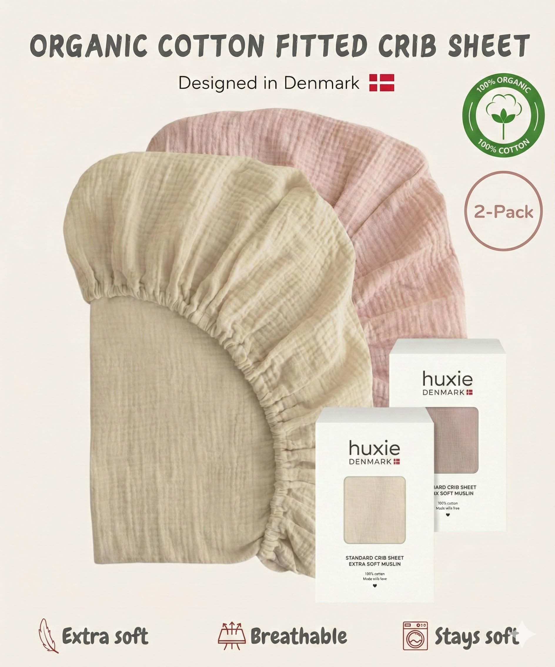 Danimarca - Lenzuola con angoli per culla in mussola super morbida, per ragazzi e ragazze, dimensioni standard per materasso per culla da 71 x 132 cm, 100% cotone biologico per il massimo