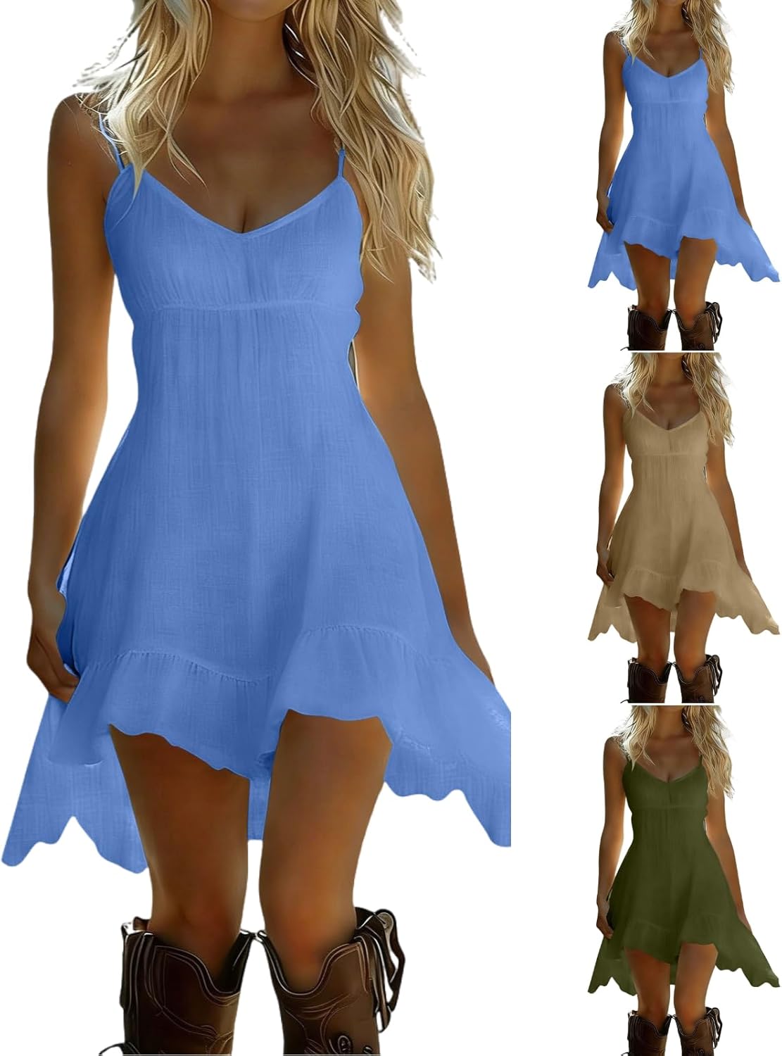 AKTCVVJ Linen Dresses for Women 2026 Spaghetti Strap Mini Dress Casual Flowy V Neck Sundress Summer Vacation Dresses Light Blue