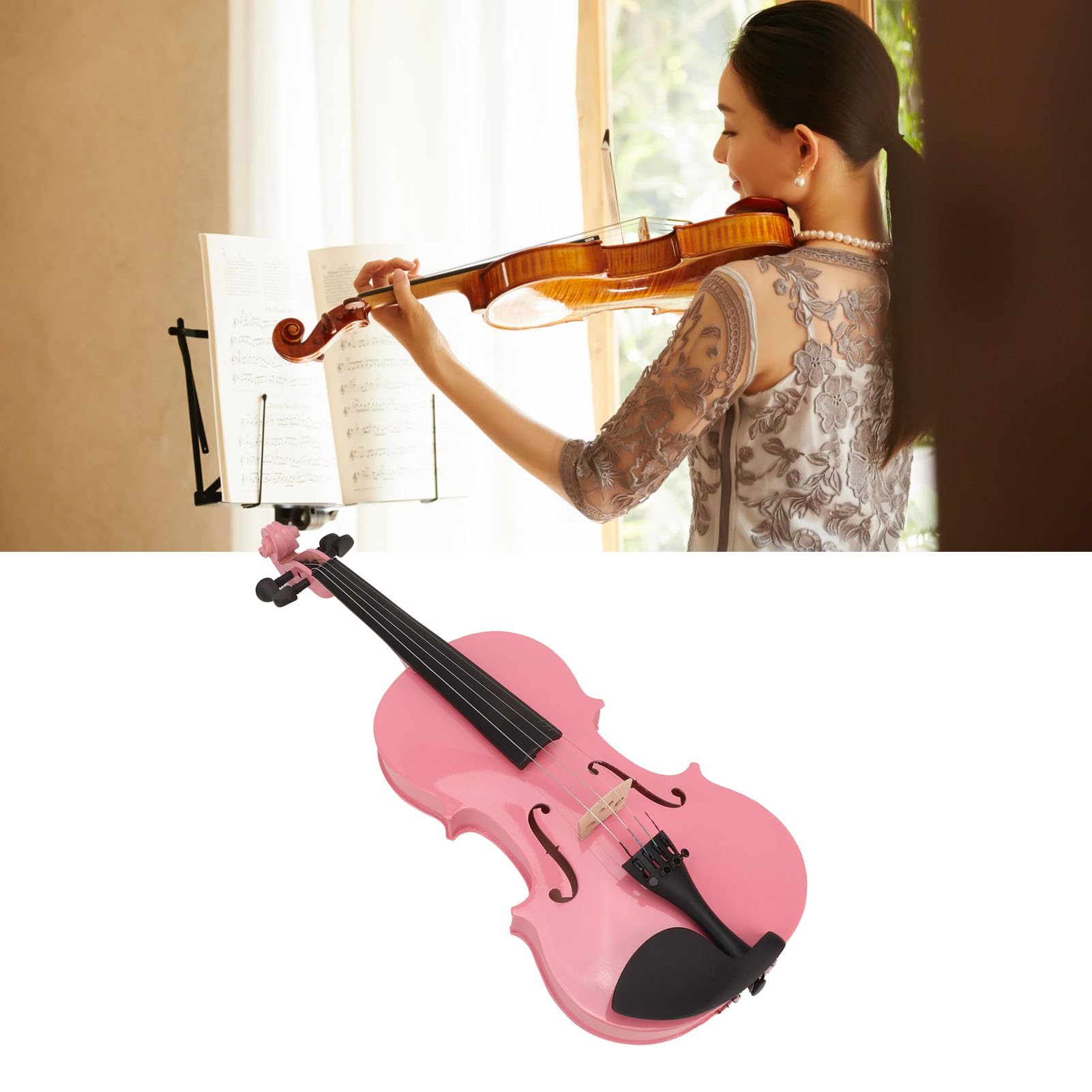 Asixxsix Violino Acustico 4/4, Violino in Legno Massello di Tiglio, Kit per Principianti Adulti, con Custodia Rigida, Archetto, Colofonia, Poggiaspalla, Accordatore, Corde di Ricambio, (PINK)