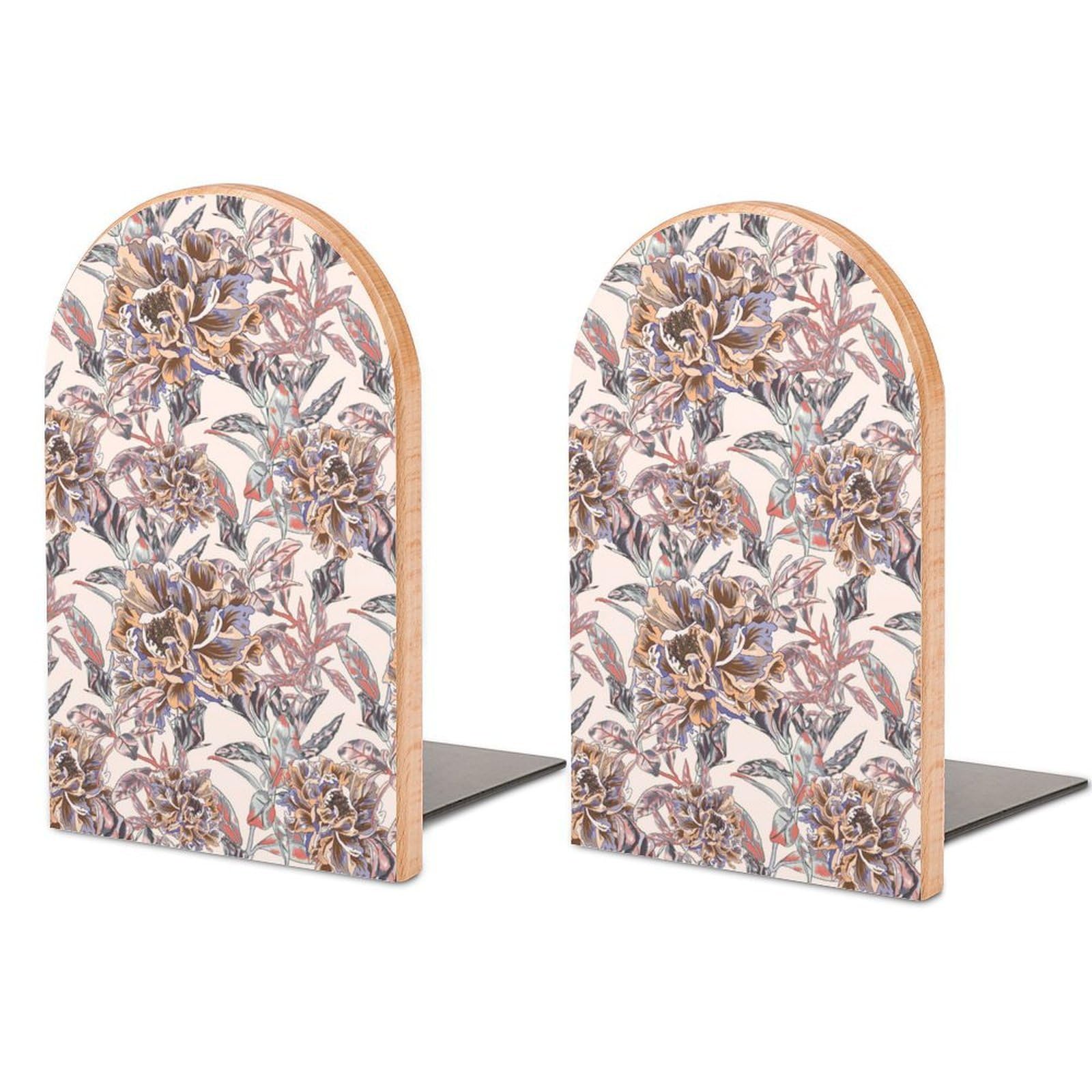 Vector Seamless Peony Pattern Beech Wood Bookends Heavy Duty Book Organizers Desktop File Holder for Office Home Bookshelf