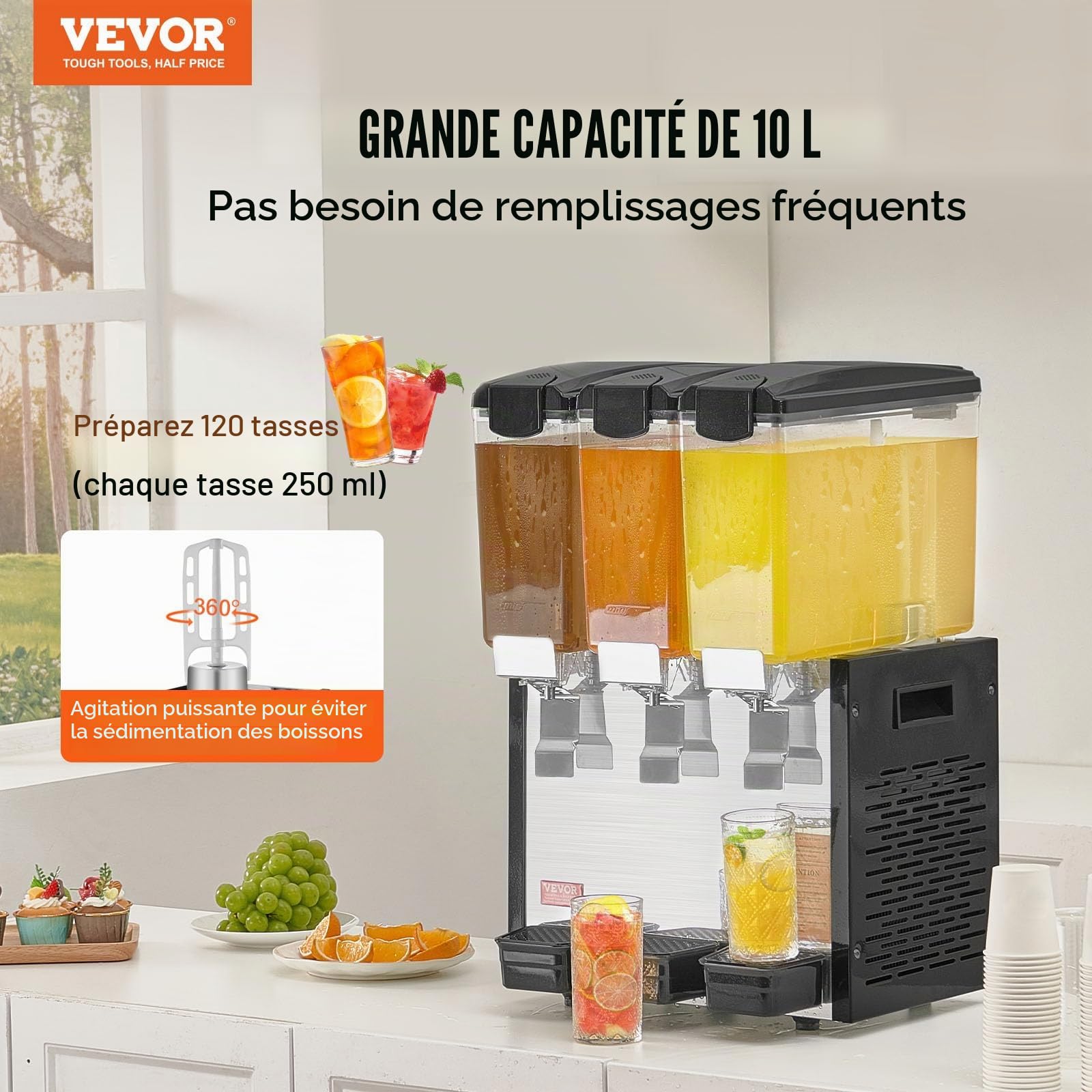 VEVOR Distributeur de Boissons Commercial 3 Réservoirs de 10 L, Fontaine à Eau 440 W, Distribution de Jus Limonade Thé Glacé, Température de Refroidissement 7-12 ℃, pour Restaurant, Hôtel, Café