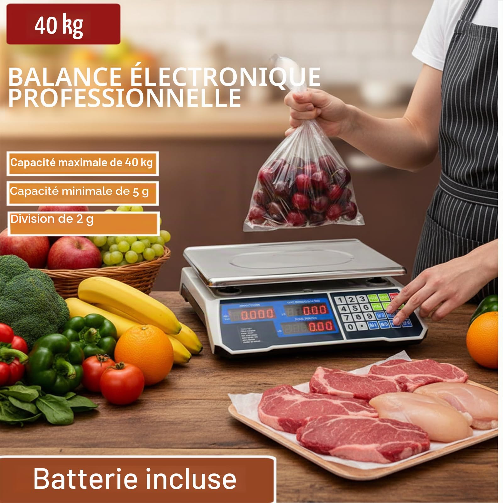 Voltix Balance de cuisine numérique 5 g à 40 kg, Balance alimentaire professionnelle avec écran LCD, haute précision et plaque en acier inoxydable