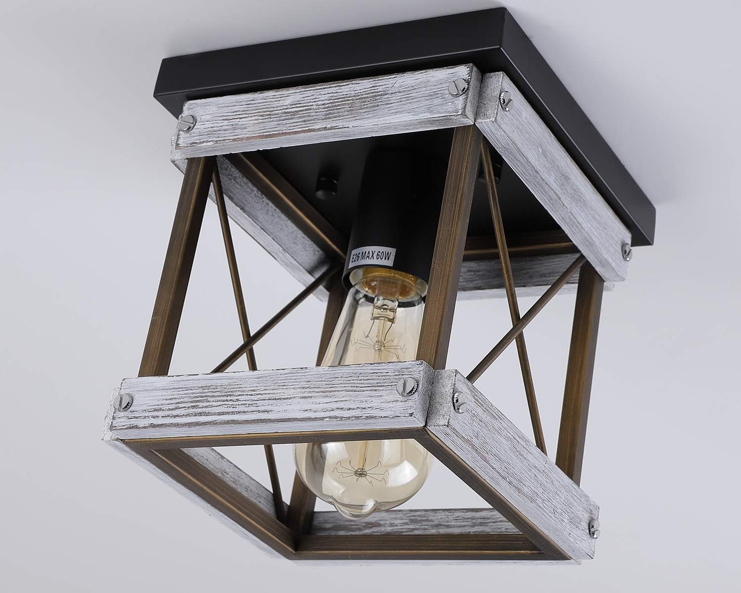 Rustic Farmhouse Flush Mount Ceiling Light 1-Light Wood and Metal Cage Mini Semi Flush Mount Light Fixture for Hallway Kitchen Entryway, Antique Gold and Black