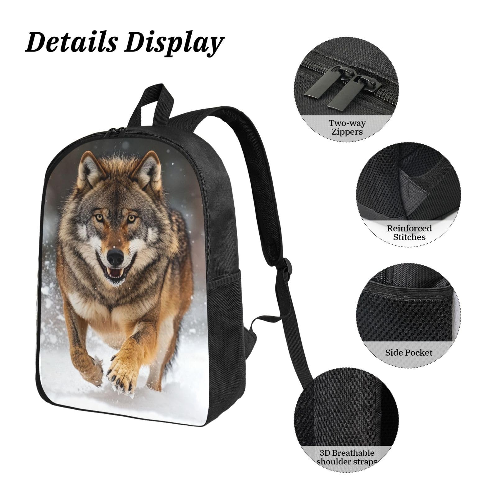 Zestaw plecaków Smart Wolf Print z torbą na lunch i piórnikiem | Minimalistyczny zestaw dla nastolatków, izolowana torba na artykuły pa, codzienne użytkowanie na zewnątrz
